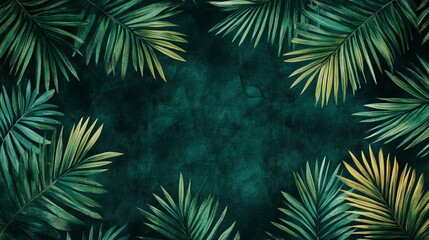 Tropical palm leaves frame a dark teal background, leaving space for text or design.