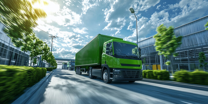 A bright green truck drives through a clean and modern industrial area, symbolizing eco-friendly transportation, green logistics, and sustainable solutions in the transportation industry