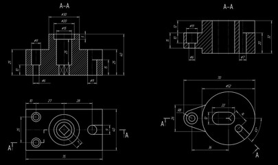 2 Sketch of steel mechanical
parts with through holes and dimensional lines.
Background with engineering cad scheme.
Technical drawing. 
Technology design of machine building industry. 
