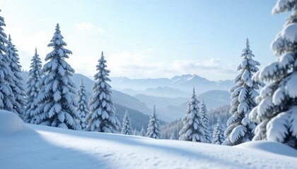 Snow-covered pine trees in a picturesque winter landscape with distant mountain peaks and blue sky