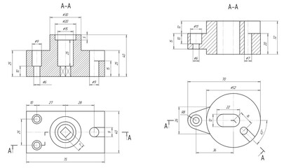 2 Sketch of steel mechanical
parts with through holes and dimensional lines.
Background with engineering cad scheme.
Technical pencil hand drawn drawing
on white paper sheet. Technology design.