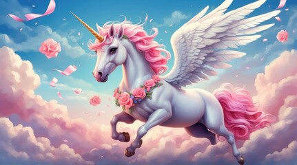 Fototapeta premium A majestic pink unicorn with large, feathery wings leaps gracefully through a dreamy scene of soft,