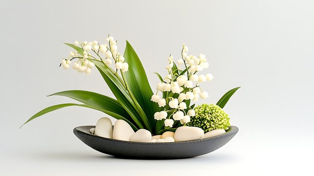 apanese Ikebana Style: A simple yet elegant ikebana arrangement with a few carefully placed lily of the valley stems, arranged with precision in a shallow ceramic bowl.