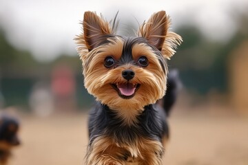 Yorkie playing with other small dogs at a dog park, happily chasing them around, showcasing its social and energetic spirit