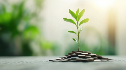 A green plant growing from a pile of coins with a clean, modern backdrop, showcasing the concept of money saving and growth