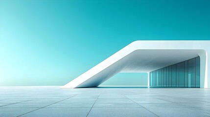Obraz premium A modern, minimalist building with a curved roof and large glass windows against a bright blue sky.