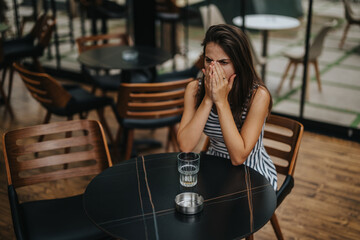 A woman sits alone in a modern cafe, looking distressed and pensive. She wears a striped dress and covers her face, conveying feelings of sadness or contemplation.