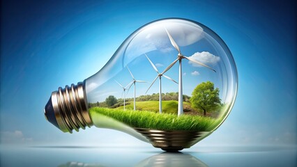 renewable resources, global warming.,wind power, sustainable, power generation, climate change, Wind turbine with rotating blades generating green electricity inside a light bulb