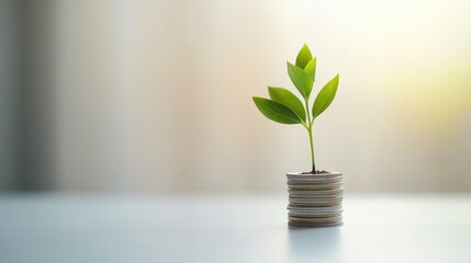 A green plant growing from a stack of coins against a clean, bright background, showcasing the idea of nurturing financial resources