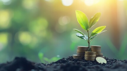 A green plant growing from a stack of coins with a fresh, clean background, highlighting the idea of financial investment and growth