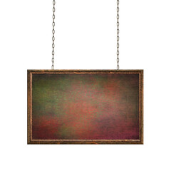 Wooden empty dirty sign hanging on iron chains. Rectangular frame with empty painted abstract surface. Signboard isolated on white
