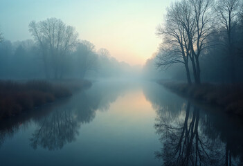 Fototapeta premium Tranquil Misty Morning Landscape With Reflective River