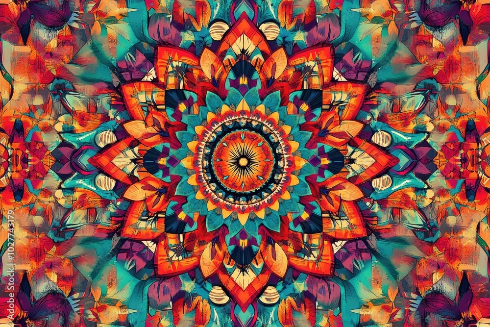 Wall mural vibrant mandala design featuring intricate patterns and rich colors, ideal for artistic and spiritua