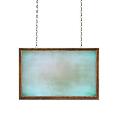 Wooden empty dirty sign hanging on iron chains. Rectangular frame with empty painted blue grunge surface. Signboard isolated on white