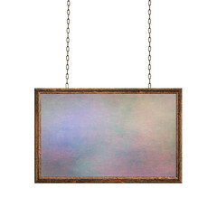 Wooden empty dirty sign hanging on iron chains. Rectangular frame with blank painted grunge surface. Signboard isolated on white