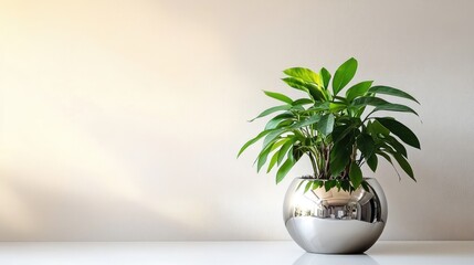 Fototapeta premium A green plant in a shiny, silver pot against a pristine, neutral background, illustrating contemporary style