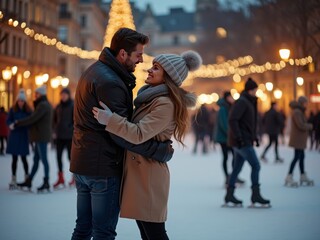 Couple embraces on an ice rink surrounded by holiday lights in a charming winter setting at dusk