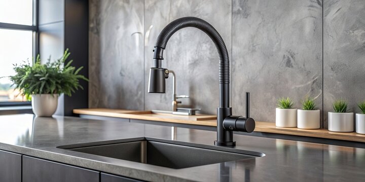 single handle, countertop, gray, design, faucet, backdrop, Black kitchen faucet with a sleek design and a single handle standing out against a backdrop of a gray countertop and apron