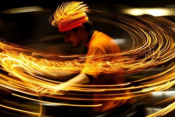 A man wearing an orange headband spins a glowing object, creating a mesmerizing display of light trails.