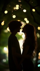 Silhouettes of a young couple in love, looking at each other under a canopy of twinkling lights.