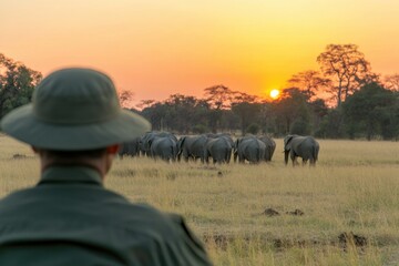 A ranger watching over a herd of elephants at sunrise, with a landscape symbolizing harmony between humans and wildlife conservation