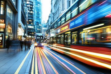 Obraz premium A red double-decker bus speeds down a busy city street, leaving streaks of light in its wake.