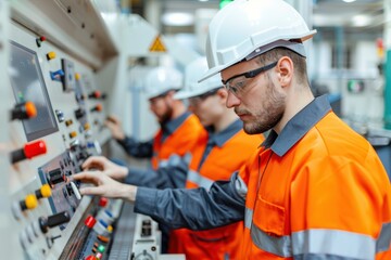 Industrial engineers operating control panel in a manufacturing facility, focusing on machinery management and safety protocols.