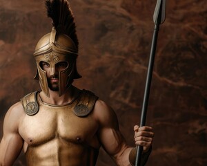Obraz premium Spartan warrior holding a spear with both hands, his eyes fixed on the horizon as dawn breaks behind him