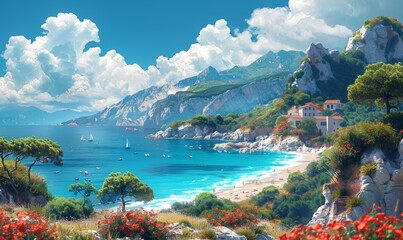 Obraz premium Sea beach with sailboats and mountains background. Meadow with flowers goes down to ocean and in distance there mountain hills with clouds