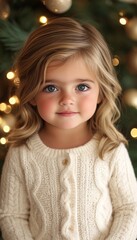 A young girl with long blonde hair and blue eyes looks sweetly at the camera while wearing a cream sweater.