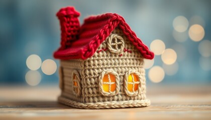 A crocheted wool-colored house with windows and a chimney. Bokeh