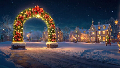 Obraz premium Richly decorated Christmas street arch. Festive New Year street decor.