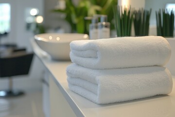 a image of fresh clean towels perfectly folded in a hairdressers salon