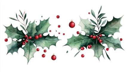 Fototapeta premium Festive Boho Holly Wreath Clipart for Christmas Decor
