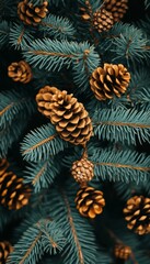 Obraz premium Close-up of pine cones on a fir tree branch, showcasing their intricate details and warm brown color.