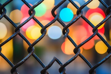 Fototapeta premium A close-up of a chain-link fence with colorful out-of-focus lights in the background.
