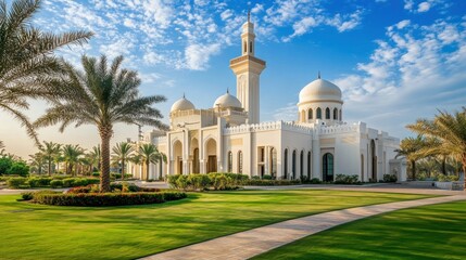 Fototapeta premium Mosque with Palm Trees in a Sunny Day