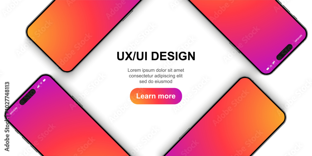 Poster smartphone mockup group front view with shadow, 3d mobile phones, high quality smart phone mockup fo