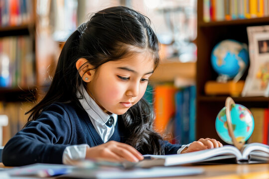 A young girl deeply focused on reading a book in a library, surrounded by educational materials, depicting a love for learning.