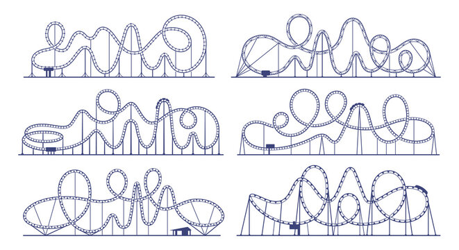 Roller coaster loop in amusement park. Rollercoaster silhouettes of vector carnival ride, railroad tracks with empty trains and cars. Funfair, amusement theme park and carnival roller coaster loops