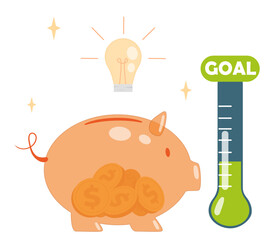 Fundraising business idea tracker. Piggy bank with light bulb and meter. Financial literacy and passive income. Search for investors. Flat vector illustration