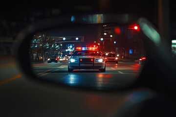 View from rearview mirror on police car with flashing lights is driving on city street at night