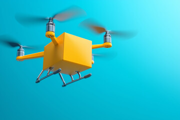 A yellow delivery drone flying against a blue background in a futuristic urban environment
