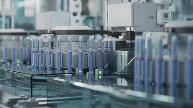 Insulin Injection Pens Production Line on at Modern Pharmaceutical Factory. Weight Loss Medication Manufacturing. Medicinal Drug Production Plant.