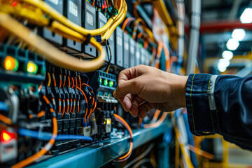 Man is working on a circuit board with a small screen. He is touching the screen and he is focused on the task at hand