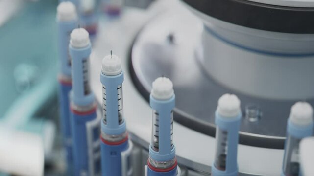 Close-up of Insulin Injection Pens during Production Process on Conveyor Line at Modern Pharmaceutical Factory. Weight Loss Medication Manufacturing. Medicinal Drug Production Plant.