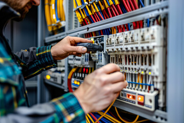 Man is working on a circuit board with a small screen. He is touching the screen and he is focused on the task at hand