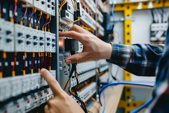 Man is working on a circuit board with a small screen. He is touching the screen and he is focused on the task at hand