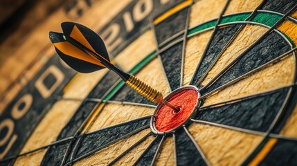 Close-up of a dart hitting the bullseye on a dartboard, illustrating precise focus on business objectives