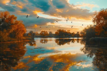 Naklejka premium As the sun sets, the sky bursts with vibrant hues, while reflections dance on the water's surface, creating a serene autumn atmosphere. Generative AI